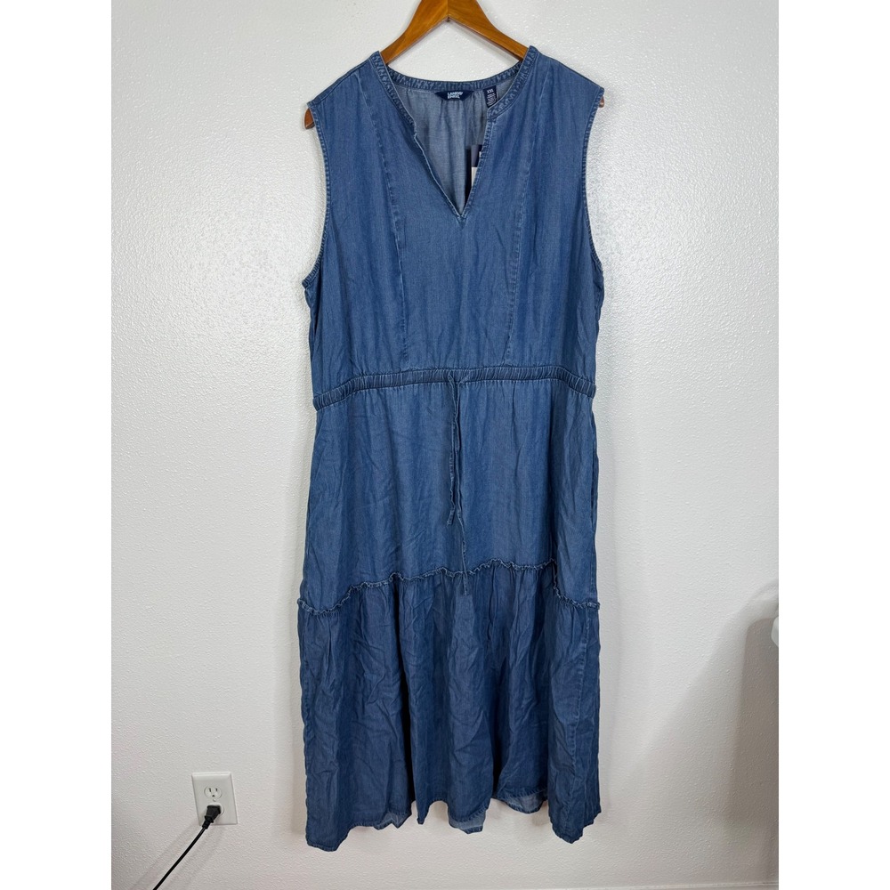 Lands End Womens XXL Blue Lyocell Sleeveless Tiered Midi Dress 1846024 NEW